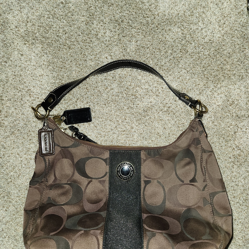 Coach Brown and Black Signature Shoulder Bag